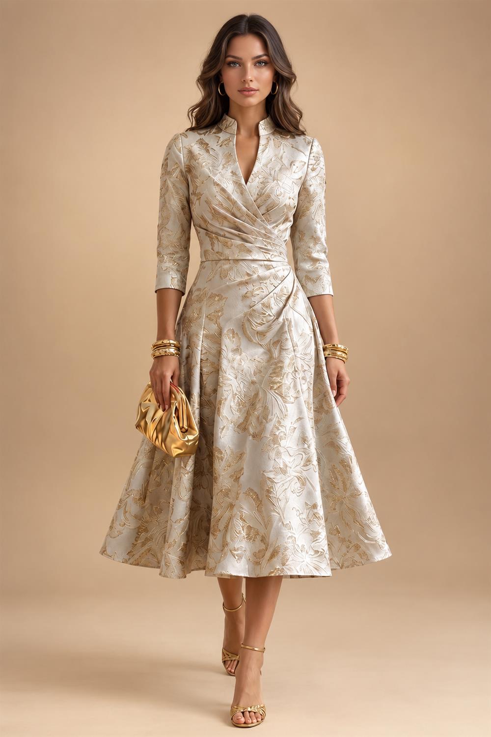 Jacquard A-Line/Princess V-Neck Tea-Length Mother of the Bride & Groom Dresses with Ruched Waist (SHI22501056)