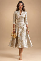 Jacquard A-Line/Princess V-Neck Tea-Length Mother of the Bride & Groom Dresses with Ruched Waist (SHI22501056)