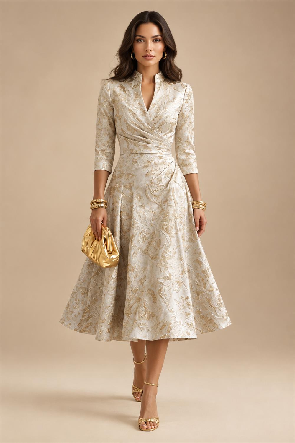 Jacquard A-Line/Princess V-Neck Tea-Length Mother of the Bride & Groom Dresses with Ruched Waist (SHI22501056)