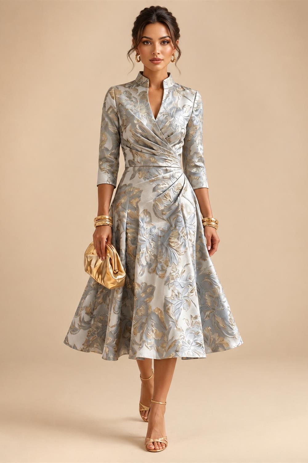 Jacquard A-Line/Princess V-Neck Tea-Length Mother of the Bride & Groom Dresses with Ruched Waist (SHI22501056)