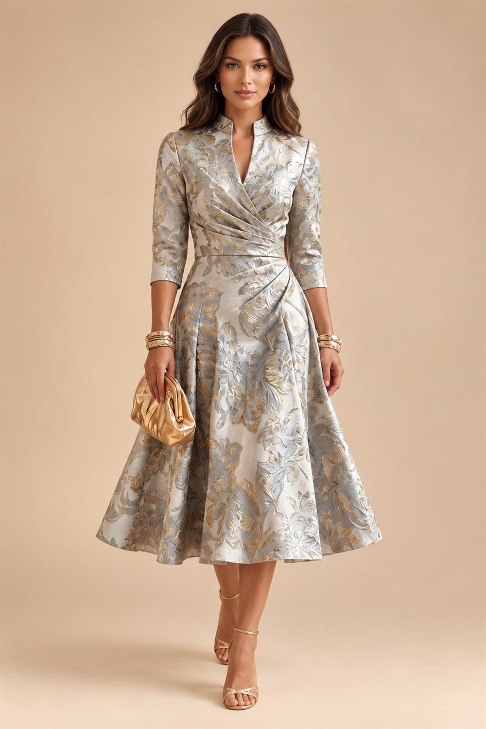 Jacquard A-Line/Princess V-Neck Tea-Length Mother of the Bride & Groom Dresses with Ruched Waist (SHI22501056)