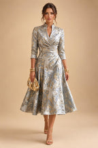 Jacquard A-Line/Princess V-Neck Tea-Length Mother of the Bride & Groom Dresses with Ruched Waist (SHI22501056)