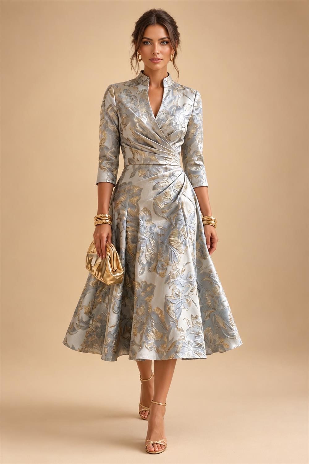 Jacquard A-Line/Princess V-Neck Tea-Length Mother of the Bride & Groom Dresses with Ruched Waist (SHI22501056)