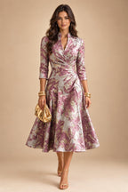 Jacquard A-Line/Princess V-Neck Tea-Length Mother of the Bride & Groom Dresses with Ruched Waist (SHI22501056)