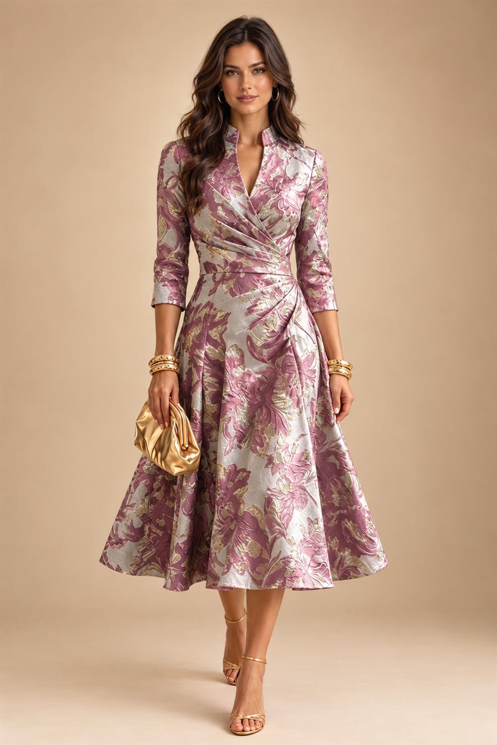 Jacquard A-Line/Princess V-Neck Tea-Length Mother of the Bride & Groom Dresses with Ruched Waist (SHI22501056)