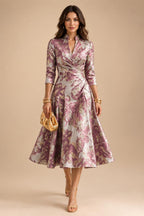 Jacquard A-Line/Princess V-Neck Tea-Length Mother of the Bride & Groom Dresses with Ruched Waist (SHI22501056)