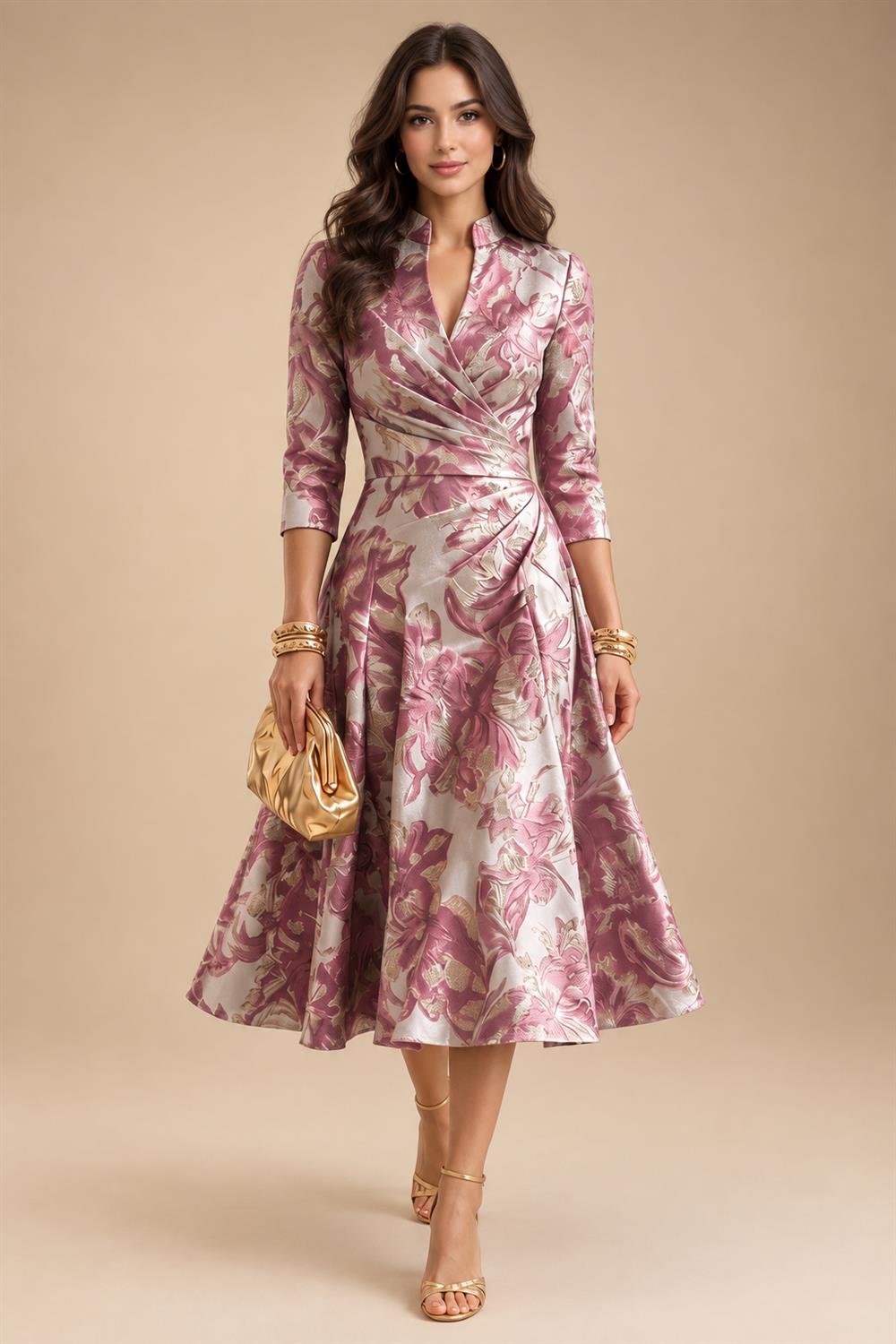 Jacquard A-Line/Princess V-Neck Tea-Length Mother of the Bride & Groom Dresses with Ruched Waist (SHI22501056)