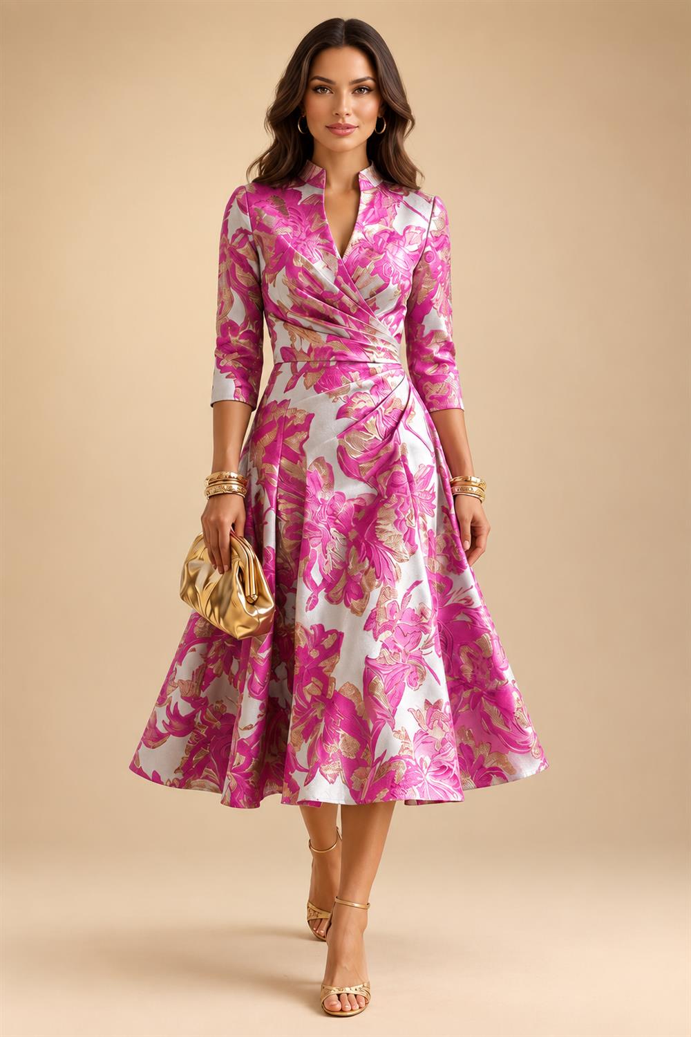 Jacquard A-Line/Princess V-Neck Tea-Length Mother of the Bride & Groom Dresses with Ruched Waist (SHI22501056)