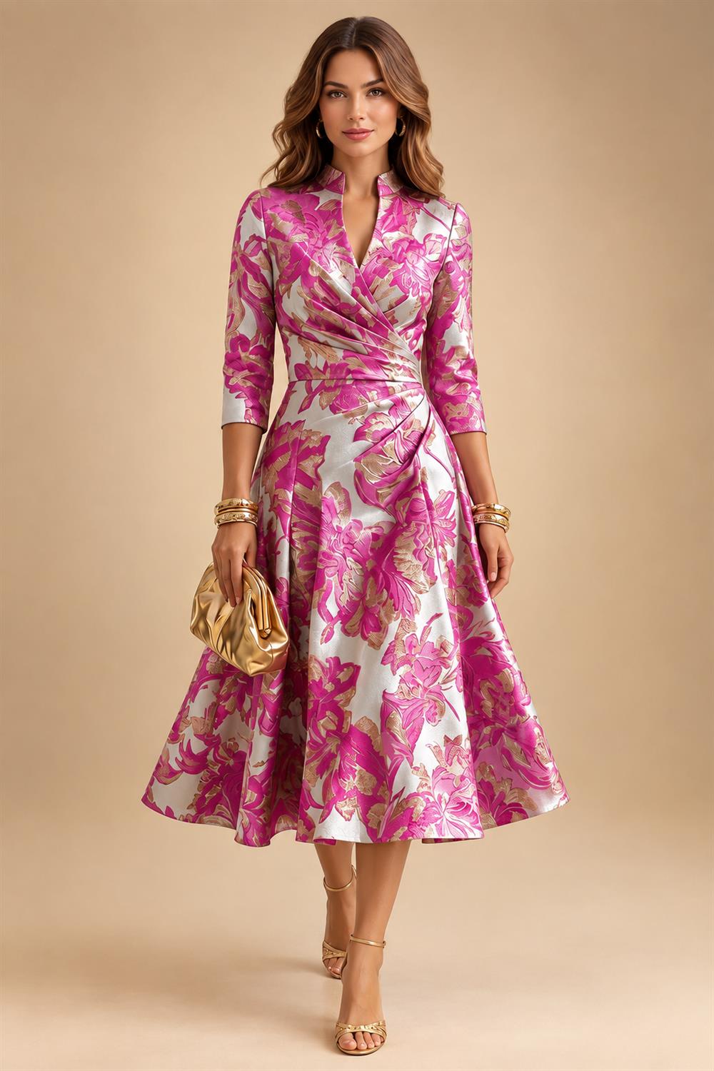 Jacquard A-Line/Princess V-Neck Tea-Length Mother of the Bride & Groom Dresses with Ruched Waist (SHI22501056)