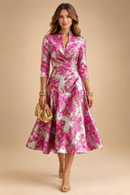 Jacquard A-Line/Princess V-Neck Tea-Length Mother of the Bride & Groom Dresses with Ruched Waist (SHI22501056)