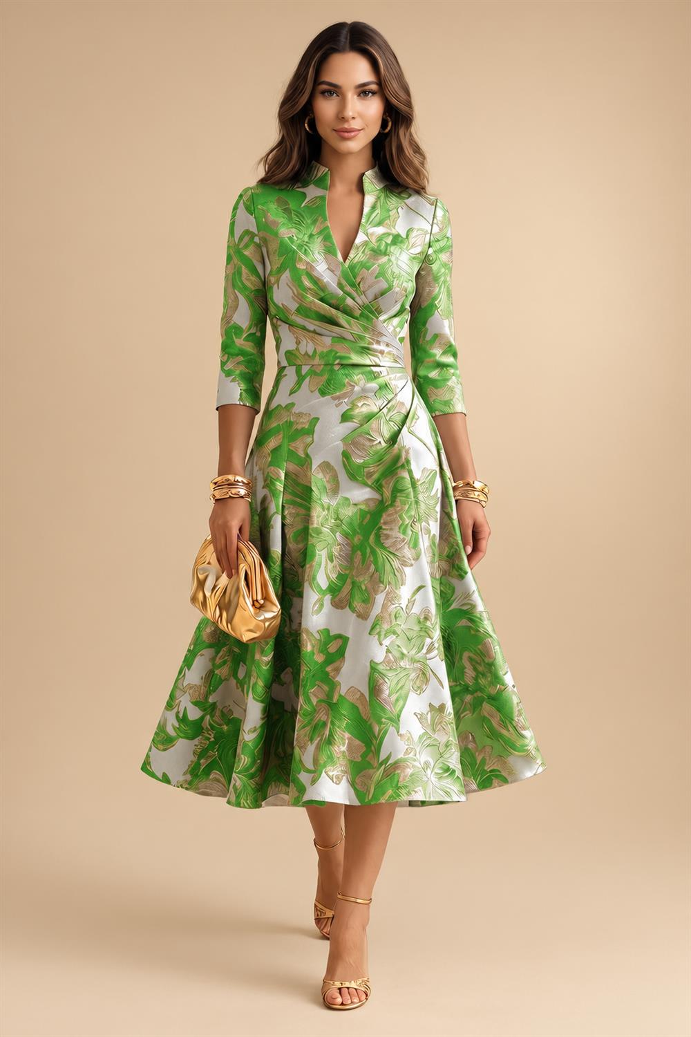 Jacquard A-Line/Princess V-Neck Tea-Length Mother of the Bride & Groom Dresses with Ruched Waist (SHI22501056)