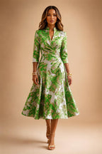 Jacquard A-Line/Princess V-Neck Tea-Length Mother of the Bride & Groom Dresses with Ruched Waist (SHI22501056)