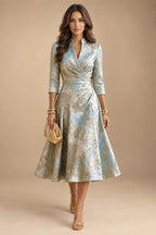 Jacquard A-Line/Princess V-Neck Tea-Length Mother of the Bride & Groom Dresses with Ruched Waist (SHI22501056)