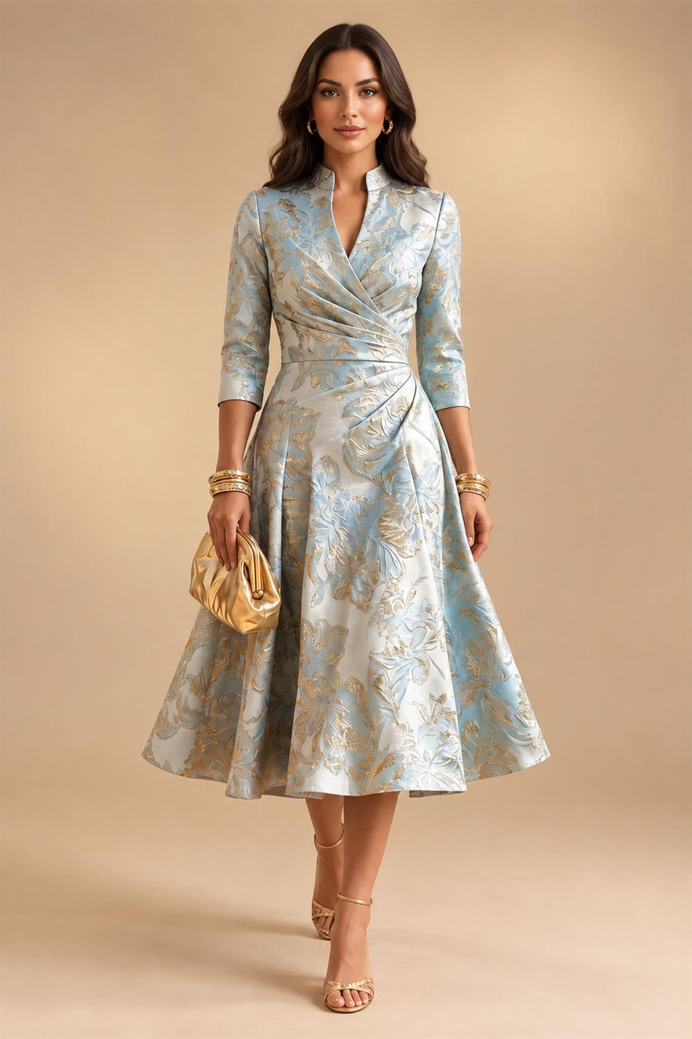 Jacquard A-Line/Princess V-Neck Tea-Length Mother of the Bride & Groom Dresses with Ruched Waist (SHI22501056)