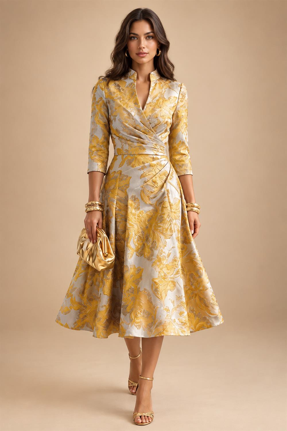 Jacquard A-Line/Princess V-Neck Tea-Length Mother of the Bride & Groom Dresses with Ruched Waist (SHI22501056)