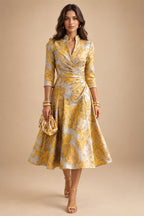 Jacquard A-Line/Princess V-Neck Tea-Length Mother of the Bride & Groom Dresses with Ruched Waist (SHI22501056)
