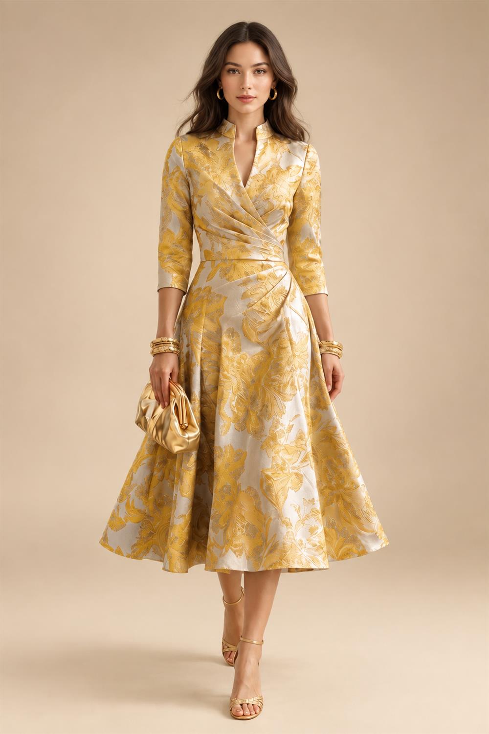 Jacquard A-Line/Princess V-Neck Tea-Length Mother of the Bride & Groom Dresses with Ruched Waist (SHI22501056)