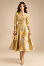 Jacquard A-Line/Princess V-Neck Tea-Length Mother of the Bride & Groom Dresses with Ruched Waist (SHI22501056)
