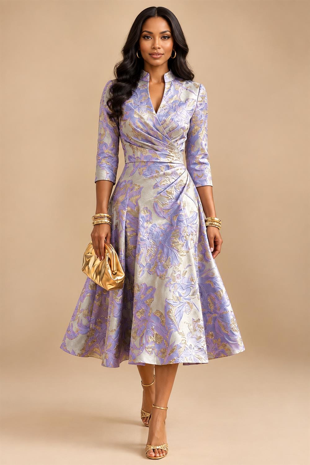Jacquard A-Line/Princess V-Neck Tea-Length Mother of the Bride & Groom Dresses with Ruched Waist (SHI22501056)