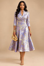 Jacquard A-Line/Princess V-Neck Tea-Length Mother of the Bride & Groom Dresses with Ruched Waist (SHI22501056)