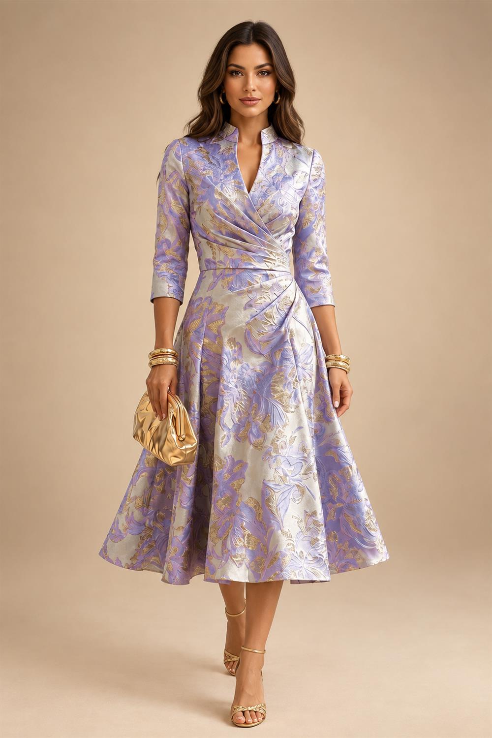 Jacquard A-Line/Princess V-Neck Tea-Length Mother of the Bride & Groom Dresses with Ruched Waist (SHI22501056)