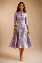 Jacquard A-Line/Princess V-Neck Tea-Length Mother of the Bride & Groom Dresses with Ruched Waist (SHI22501056)