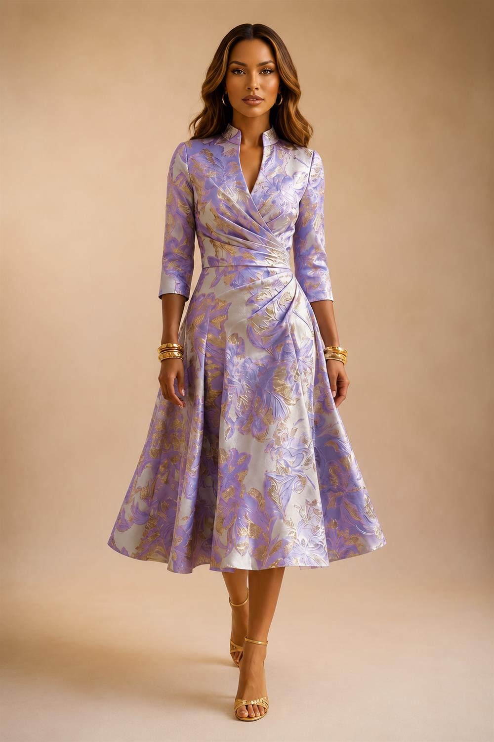 Jacquard A-Line/Princess V-Neck Tea-Length Mother of the Bride & Groom Dresses with Ruched Waist (SHI22501056)