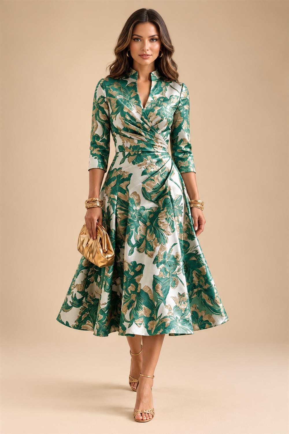 Jacquard A-Line/Princess V-Neck Tea-Length Mother of the Bride & Groom Dresses with Ruched Waist (SHI22501056)