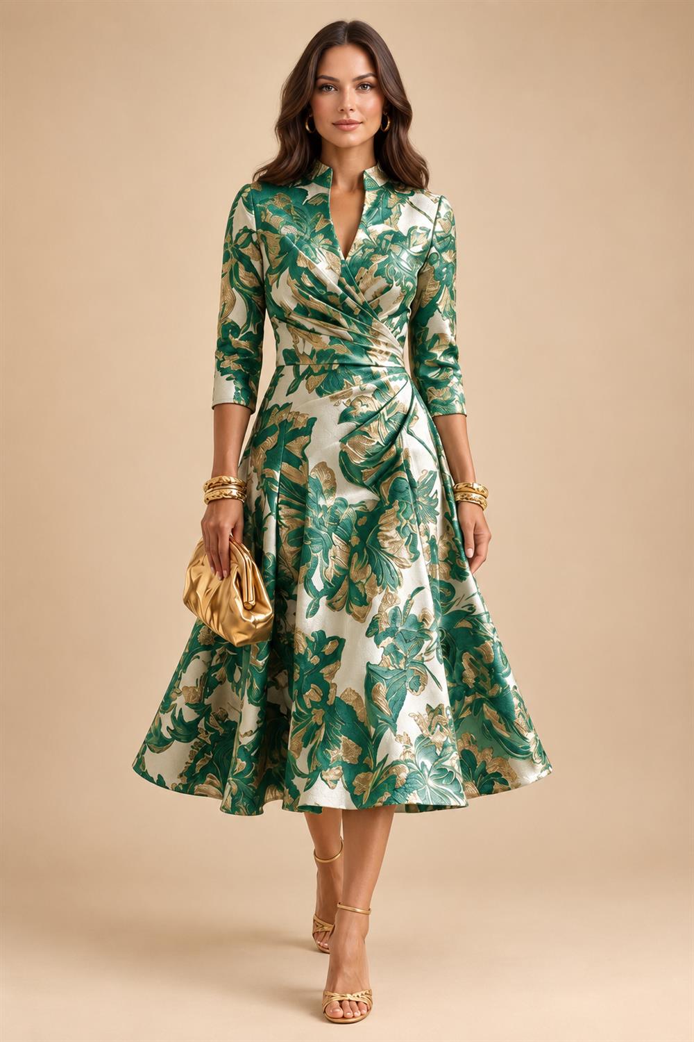 Jacquard A-Line/Princess V-Neck Tea-Length Mother of the Bride & Groom Dresses with Ruched Waist (SHI22501056)