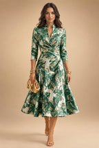 Jacquard A-Line/Princess V-Neck Tea-Length Mother of the Bride & Groom Dresses with Ruched Waist (SHI22501056)