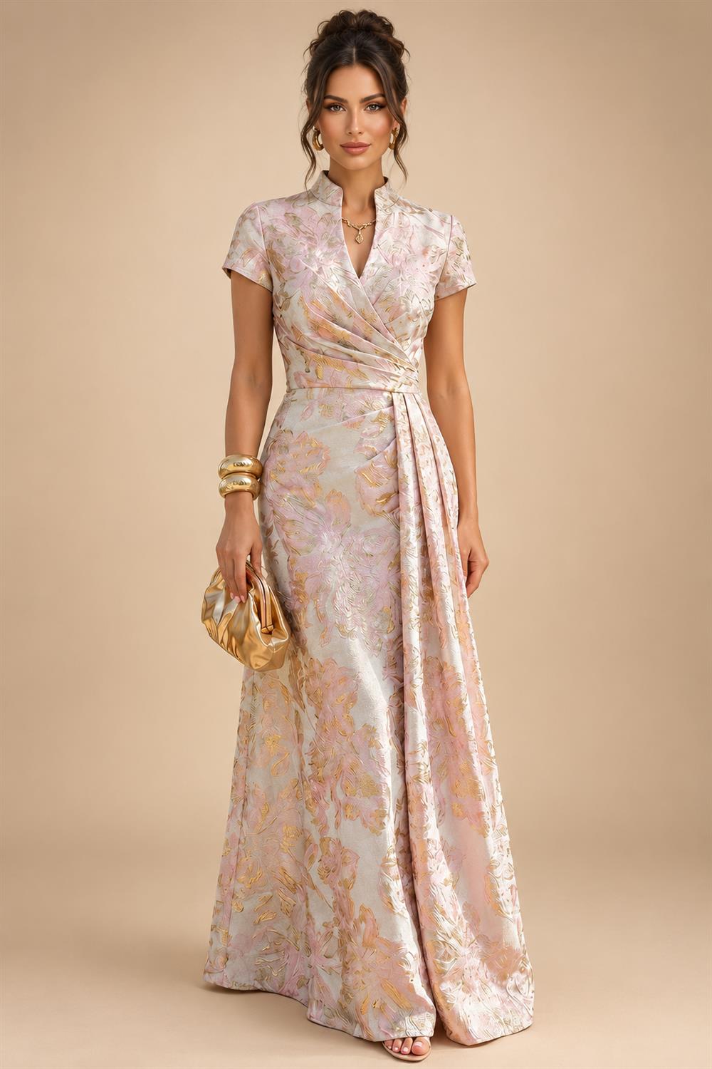 A-Line Chiffon Floral Print 3/4 Cape Sleeves Tiered Mother of the Bride & Groom Dresses with Beaded Waist Embellishment (SHI22500669)