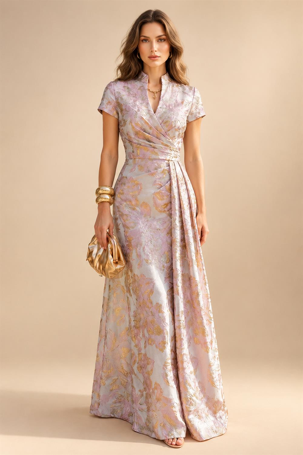 Satin V Neck Floral Print A Line Mother of the Bride Dresses (SHIR1110445)