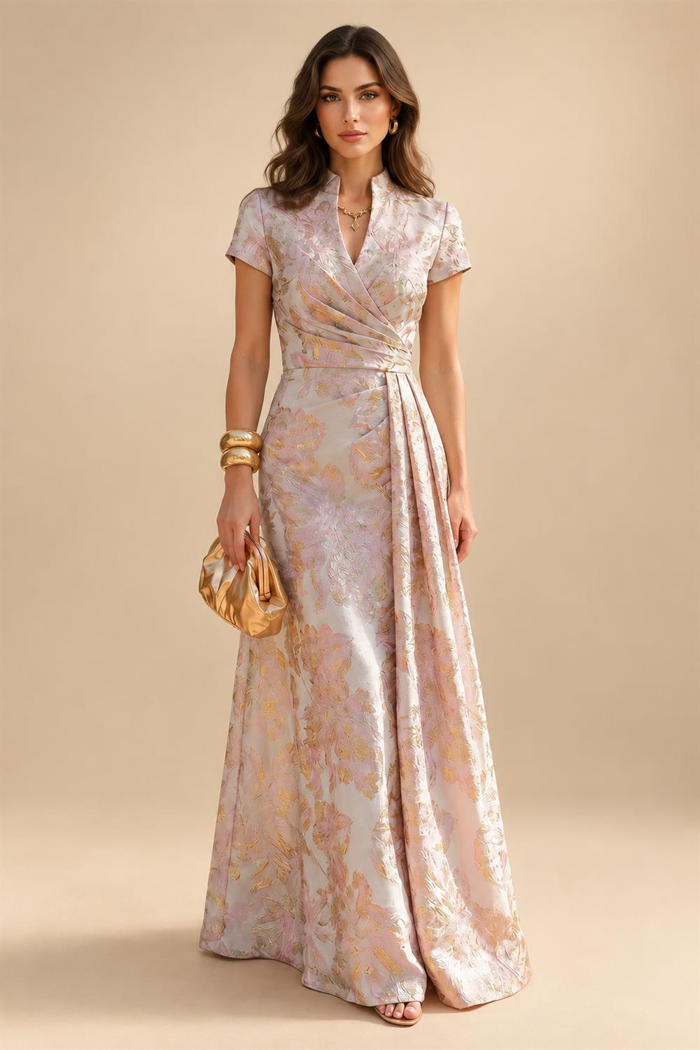 Jacquard A-Line/Princess V-Neck Tea-Length Mother of the Bride & Groom Dresses with Ruched Waist (SHI22501056)