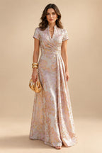 Jacquard A-Line/Princess V-Neck Tea-Length Mother of the Bride & Groom Dresses with Ruched Waist (SHI22501056)