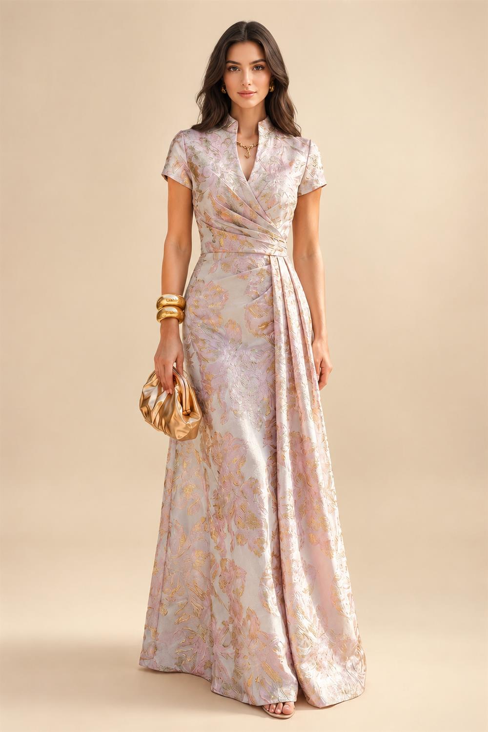 Sequin Floral Sheath/Column V-Neck Floor-Length Mother of the Bride & Groom Dresses with Ruched Waist (SHI22500972)