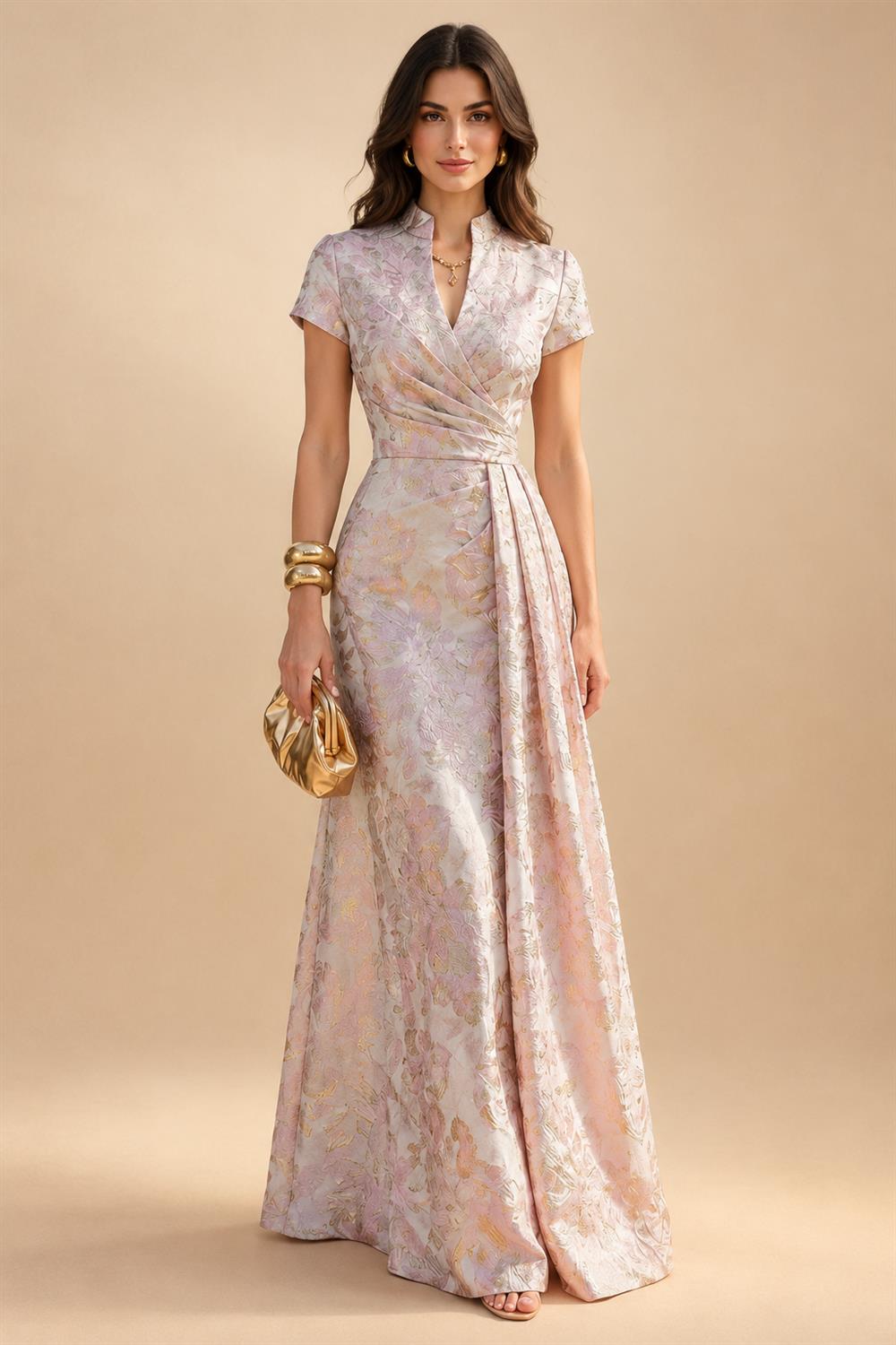 Jacquard Sheath/Column 3/4 Sleeves Floor-Length Mother of the Bride & Groom Dresses with Ruched Waist & Rhinestones (SHI22500801)