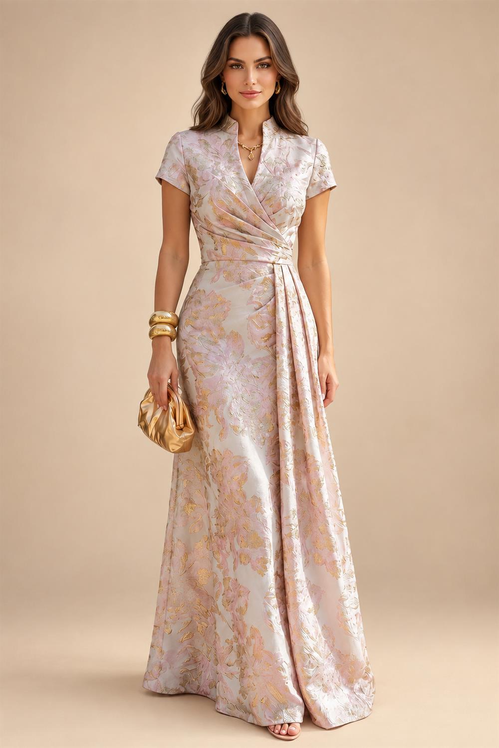 A-Line/Princess V-Neck Floral Embroidery Floor-Length Mother of the Bride & Groom Dresses with Ruched Satin Bodice (SHI22501691)