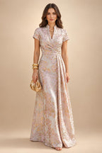 Jacquard A-Line/Princess V-Neck Tea-Length Mother of the Bride & Groom Dresses with Ruched Waist (SHI22501056)