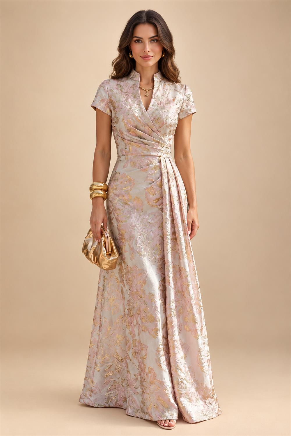 A-Line Metallic Satin Off Shoulder Bow Mother of the Bride & Groom Dresses with Floral Lace Appliques, Ruched Waist & Sweep Train (SHI22500425)