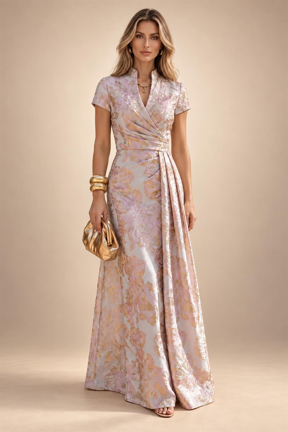 A-Line Chiffon Floral Print 3/4 Cape Sleeves Tiered Mother of the Bride & Groom Dresses with Beaded Waist Embellishment (SHI22500669)