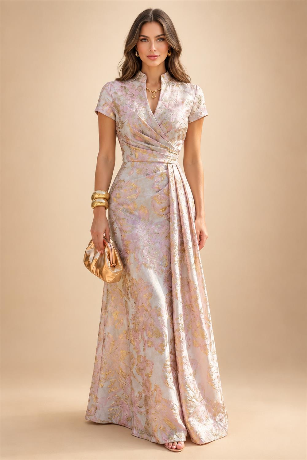 Sheath/Column V-Neck Jacquard Maxi Mother of the Bride & Groom Dresses with Ruffles & Slit (SHI25001047)