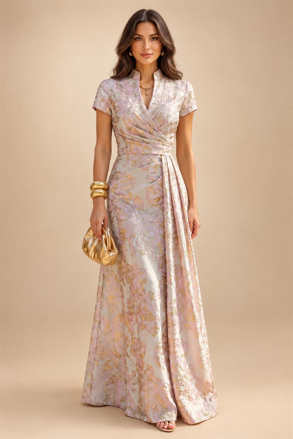 A Line/Princess Stand Collar Short Sleeve Long Elegant Mother of the Bride Dresses (SHI22500207)