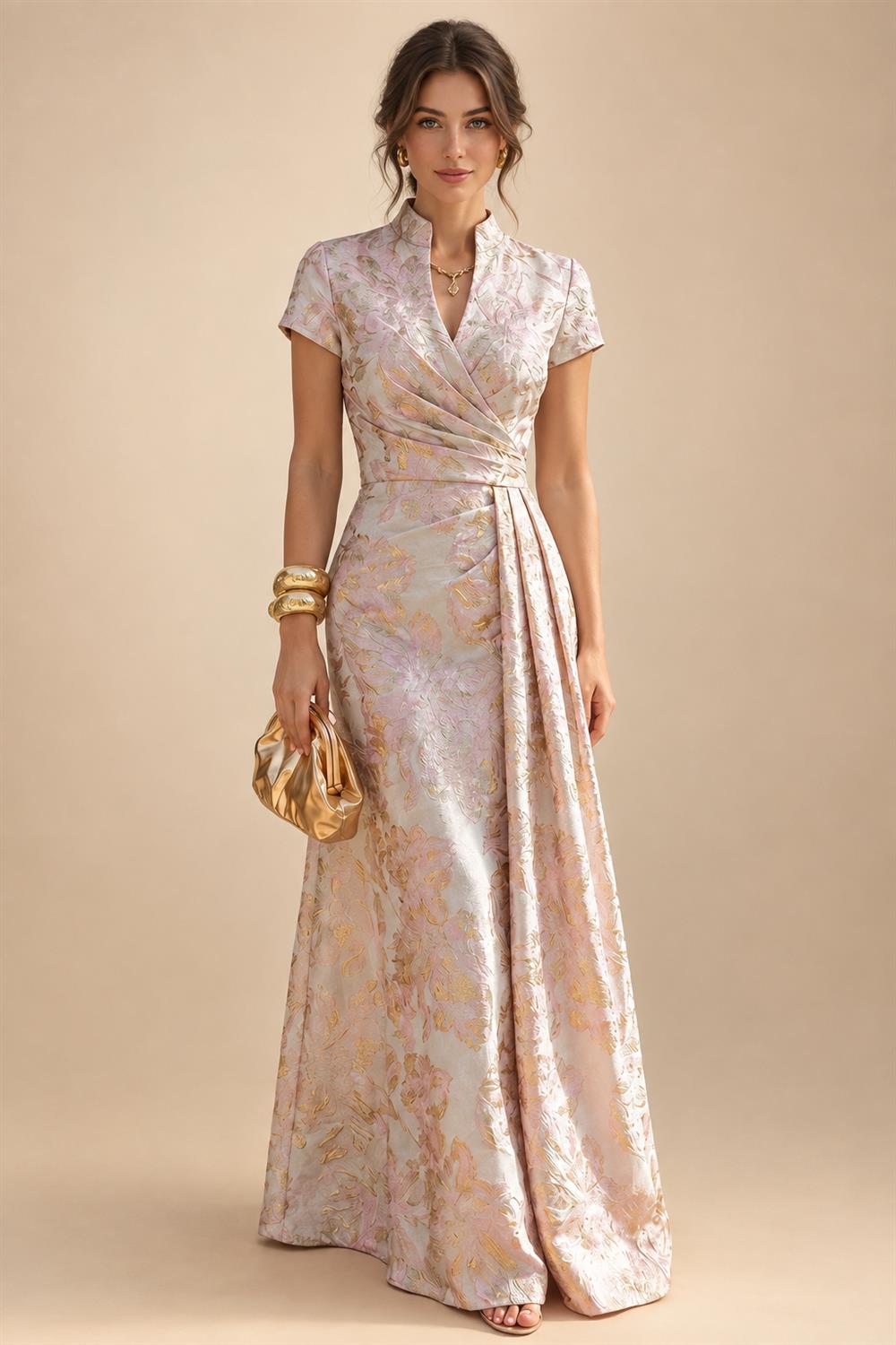 A-Line Chiffon Cape Sleeves Floor-Length Mother of the Bride & Groom Dresses with Ruched Waist (SHI22500705)