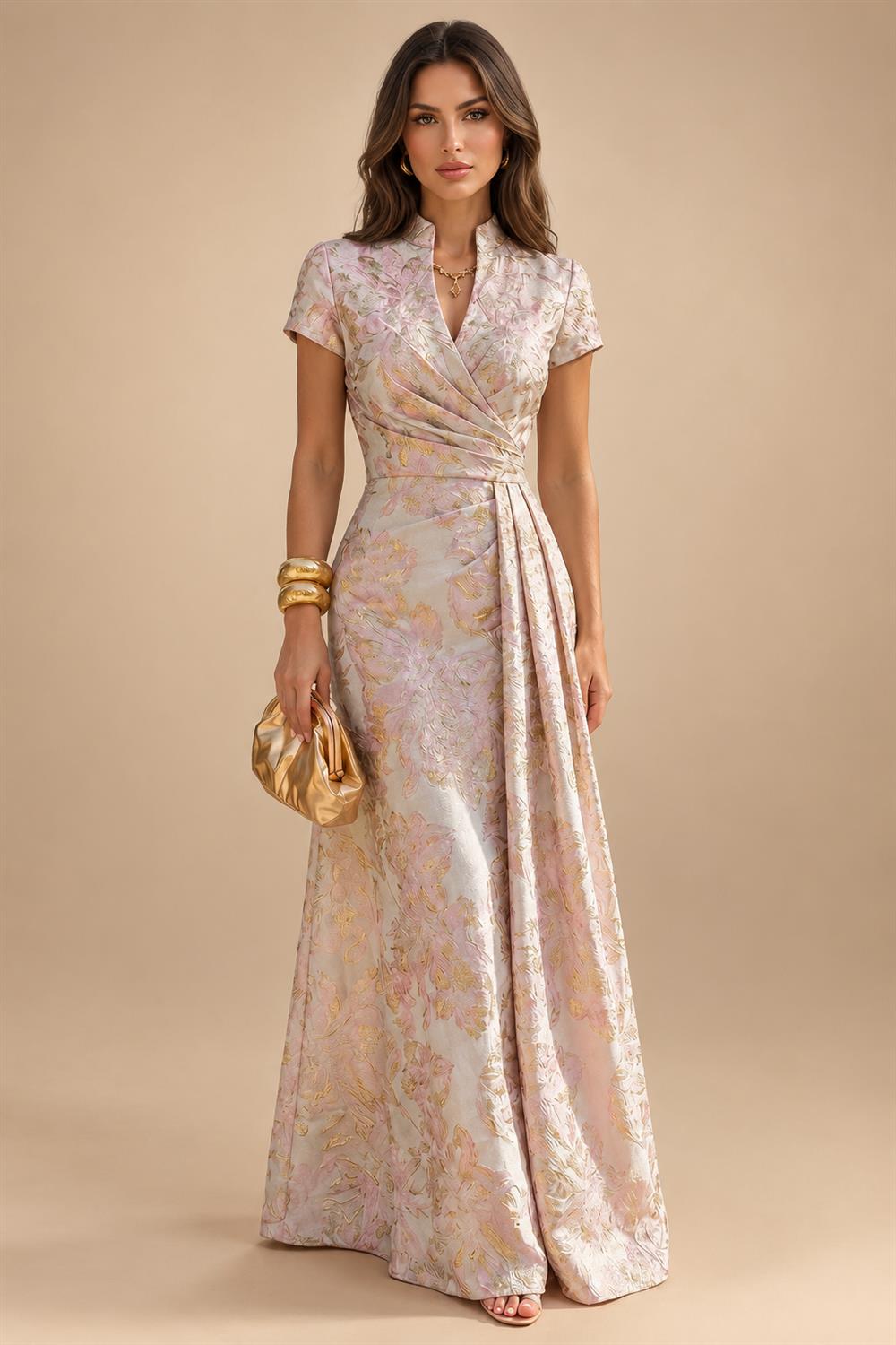 Jacquard Sheath/Column V-Neck Floor-Length Mother of the Bride & Groom Dresses with Ruched Waist (SHI22501057)