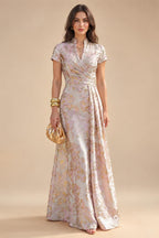 Jacquard Sheath/Column V-Neck Floor-Length Mother of the Bride & Groom Dresses with Ruched Waist (SHI22501057)