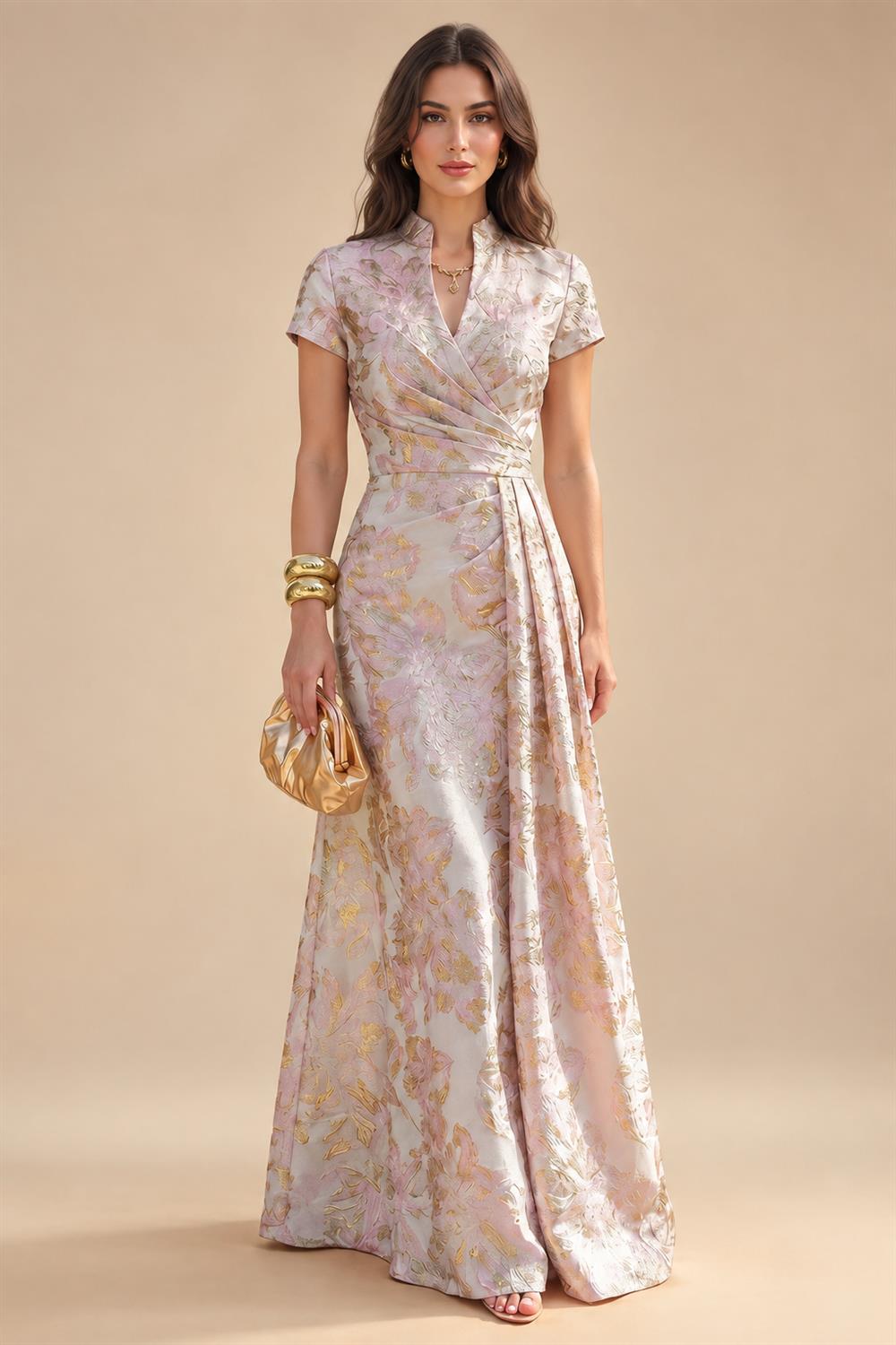 Jacquard Sheath/Column V-Neck Floor-Length Mother of the Bride & Groom Dresses with Ruched Waist (SHI22501057)