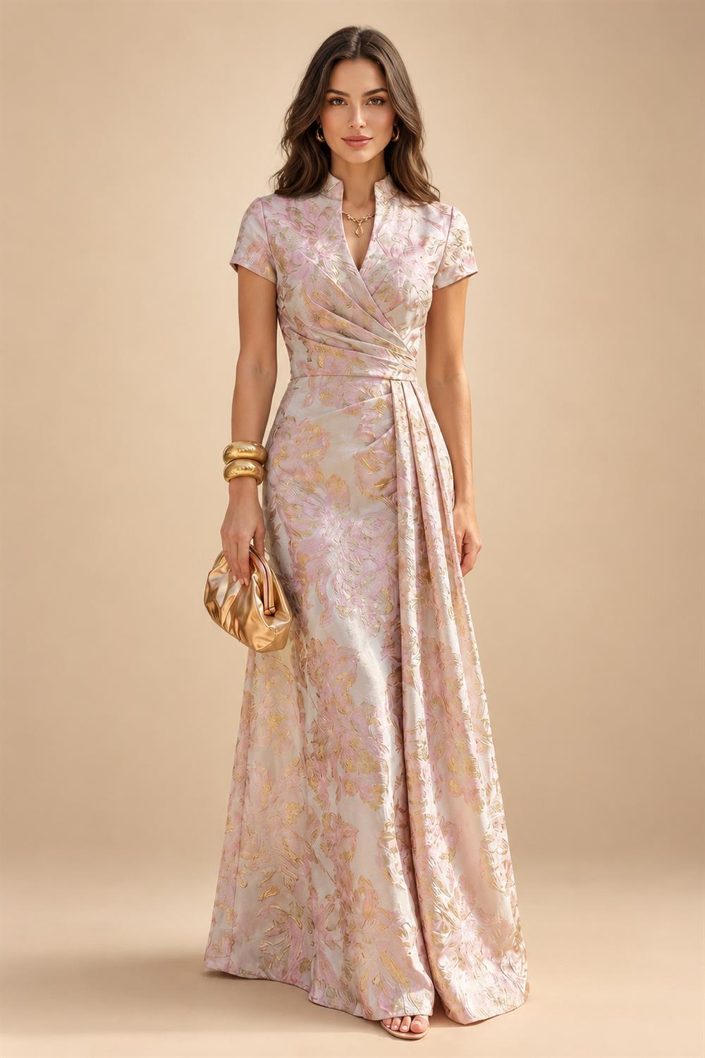 A-Line/Princess V-Neck Floral Print High-Low Mother of the Bride & Groom Dresses with Ruched Bodice (SHI22501569)