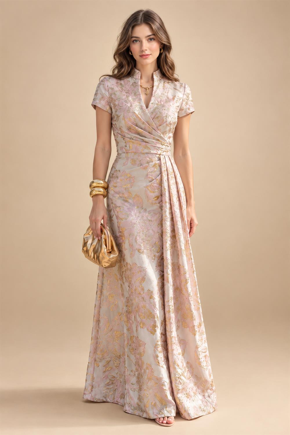 Jacquard A-Line/Princess V-Neck Floor-Length Mother of the Bride & Groom Dresses with Ruched Waist & Pockets (SHI22501298)