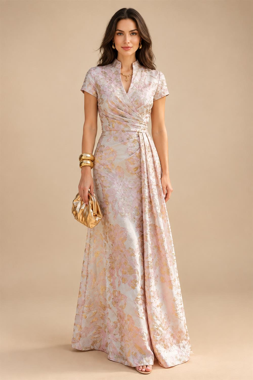Chiffon Sheath/Column V-Neck Floor-Length Mother of the Bride & Groom Dresses with Lace Embroidery Bodice & Ruched Waist (SHI22501510)