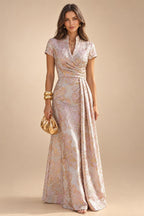 A Line V Neck Short Sleeve Chiffon Ruched Mother of the Bride Dresses with Sequin Embroidery (SHI22500231)